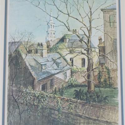 Lot 171 - Framed Color Lithograph Print with Embossed Signature lower right by Elizabeth O'Neill Verner. Rooftops with St. Michaels....