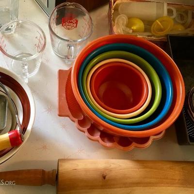 vintage kitchen items/home decor, including canisters,  serving ware, utensils, fondue set, crock pot, glasses, and more 