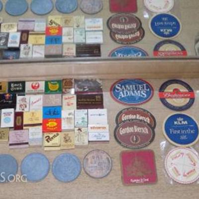 EHT214 Jar Full of Various Match Books, Coasters, Faux Coins
