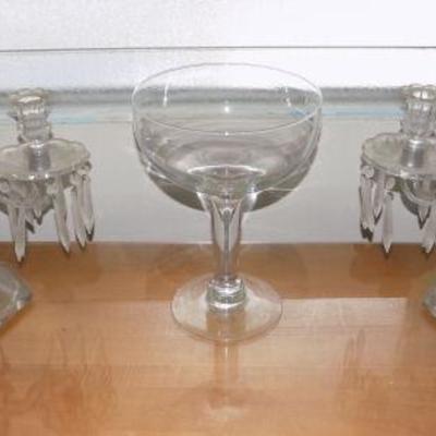 213 Pair of Crystal Like Candelabra and Giant Wine Glass
