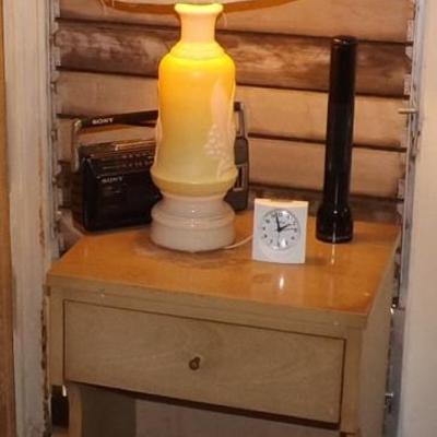 EHT170 Milk Glass Lamp, Wood Night Stand,  Sony Radio/Cassette Player

