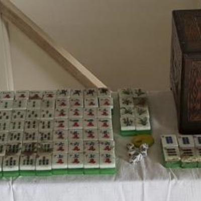 EHT103 Carved Chinese Sandalwood Chest & Mahjong Tiles

