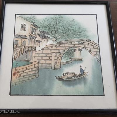 EHT078 Framed Original Block Print - Man in Boat Under Bridge
