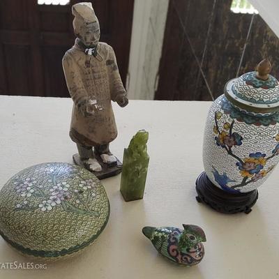 EHT039 Cloisonné, Ceramic Chinese Warrior & Jade Like Stamp
