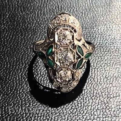 18K estate Art Deco diamond & emerald