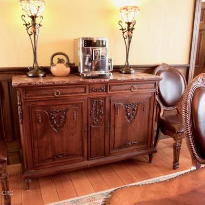 Marble top sideboard; includes glass paneled top, shown in next image.