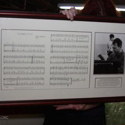 Signed Dave Brubek framed sheet music, with inset image and description.
