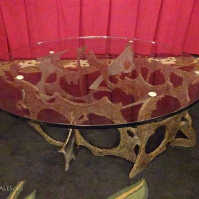 RARE SIGNED SILAS SEANDEL MID CENTURY TORCH CUT IRON COFFEE TABLE WITH GLASS TOP