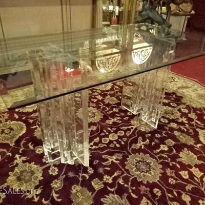 LUCITE DUAL BASE DINING TABLE WITH BEVELED GLASS TOP