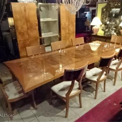 ITALIAN MODERN BURL WOOD DINING TABLE BY EXCELSIOR DESIGNS, WITH 8 CURVED BACK CHAIRS WITH POLISHED STEEL ACCENTS AND 2 TABLE LEAVES
