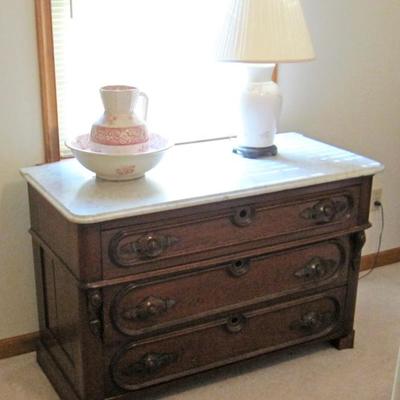 marble top chest of drawers, porcelain lamp, bowl & pitcher set
