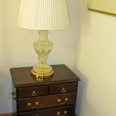 petit chest with brass pulls, glass & brass lamp
