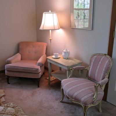 Country French style fauteuil chair with striped upholstery, velveteen boudoir chair, floor lamp, side table