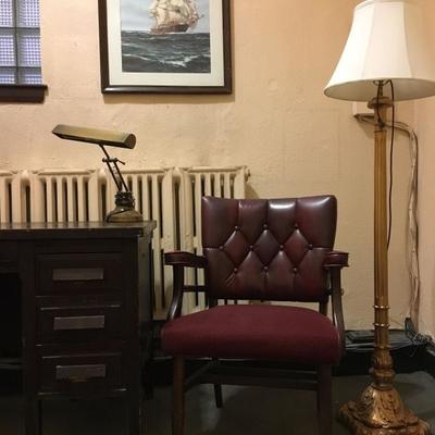 Tufted Back Armchair, Antique Lamp, Mission Style Desk, Desk Lamp