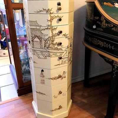 Oriental tall jewelry armoire chest