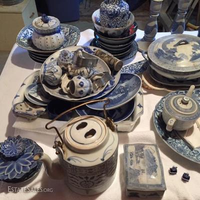 Large assortment of blue and white pottery,