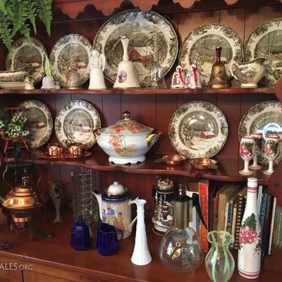 Collectible Johnson Bros. dishes, beer steins, copper tea kettle 