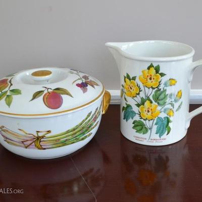 Royal Worcester Evesham covered dish and Portmerion pitcher