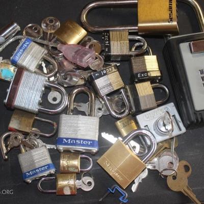 Box lot of locks and keys