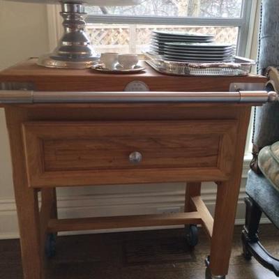 La Cornue Solid Oak Butcher Block table with metal pull, wheels and knife station. Drawer