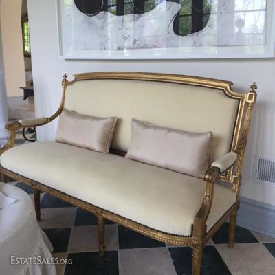Antique French Settee Carved 19th Century with cream velvet seat. 70