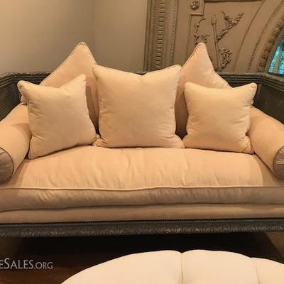 Pair of Swedish Settee's - Original wood carved with cream velvet seats & cane back sides 71x391/2 x 31 d