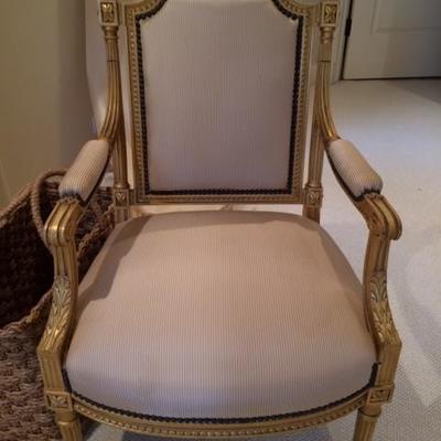 19th Century arm chair part of the 3pc set. gorgeous gold gilt, silk upholstery