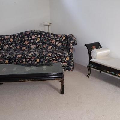 Chippendale sofa and Asian influence coffee table set with Asian influence bench 