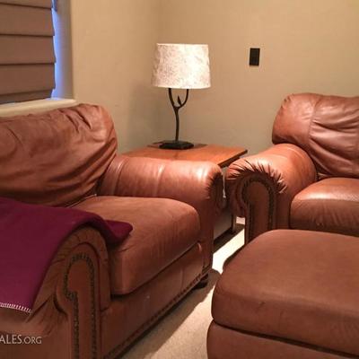 Leather chair, loveseat and ottoman