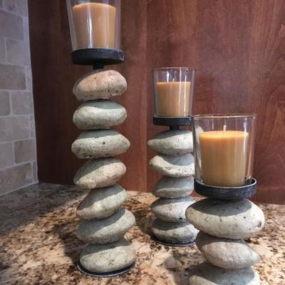 Stacked river rock candle sticks