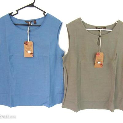 Two La Naturelle Women's No Sleeve Tops. Shown here on the right is an olive top and the other is blue. 