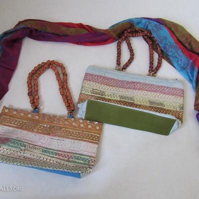 Pakistani Sequenced Hand Bags and a Scarf 