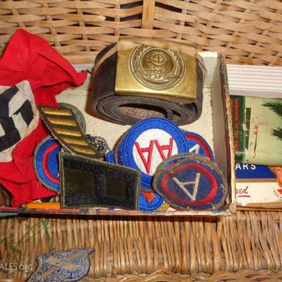 Nazi cloth arm band, war belt, war patches