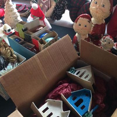 NEW ADDITION: 8 full boxes of vintage and contemporary Christmas decorations, including a couple Putz Village houses