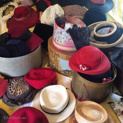 NEW ADDITION!: A bed-full of vintage hats - ca. late 1930s - 1960s - plus a vintage 1950s prom dress and a couple vintage wedding dresses...