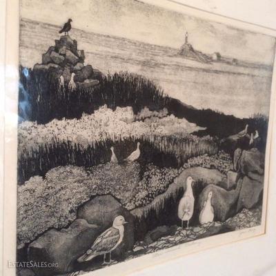 Lots of wall art, including some nice original etchings with sea bird theme, still available!
