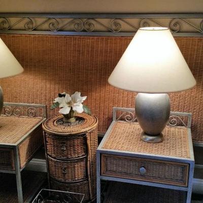 King Size WIcker headboard, and rails - 2 nightstands, hamper and trash can