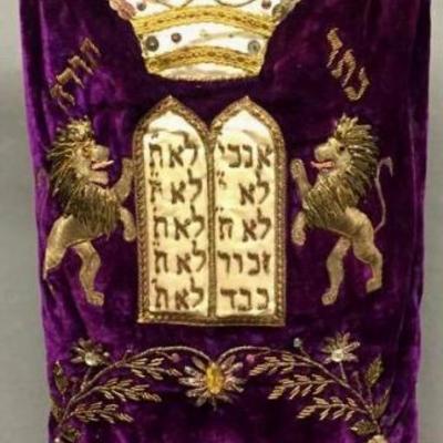 Antique Judaic Torah  mantle cover / cloak, purple velvet w/ fine gold stitched crown over lions & vines, sequins, & jewels, approx 35