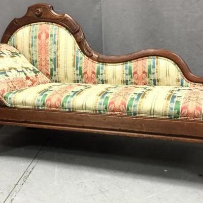 Antique Eastlake mahogany chaise lounge, carved floriated design & striped damask upholstery, 38