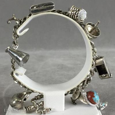 Vintage Sterling Silver Charm Bracelet w/ 10 charms, 26.5g, marked 