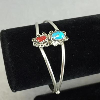 Silver turquoise and coral bracelet