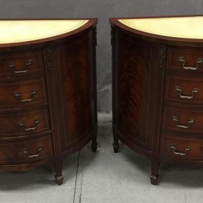 Pair of Antique Italian half-moon chest of drawers w/ inlaid / hand carved detail, glass inserts, 31