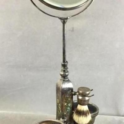 Antique silver plate Shaving Mirror complete w/ (2) cups & horse hair brush, w/ adjustable height stand decorated ornately w/ floral...