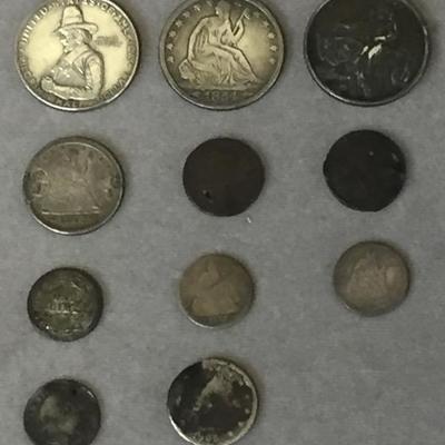 antique and other coins to include 1920 Tercentenary half dollar, 1854 seated Liberty half dollar, and more	

