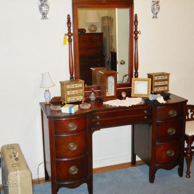 mahogany vanity, vanity bench, musical jewelry boxes, vintage luggage, etc.