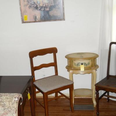 chairs, 2 drawer table, framed print