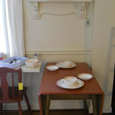 vintage kitchen table, 2 chairs, cookbooks, Cat tail bowls, etc.
