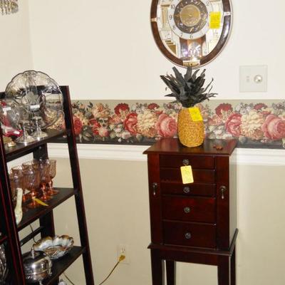 mahogany standing jewelry chest, pineapple door stop, Seiko musical clock, etc.