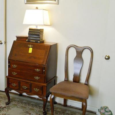 mahogany drop front desk, side chair, mirror, book lamp, etc.
