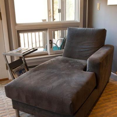 Microsuede chaise lounge, contemporary side table, DWR floor lamp